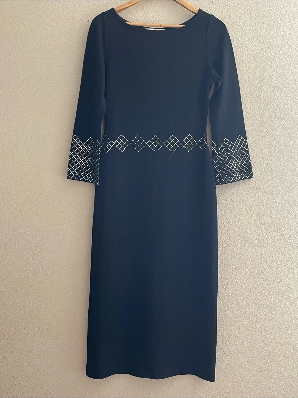 St. John Evening Black Santana Knit Dress Crystal Studded Cuff Waist Long Sleeve